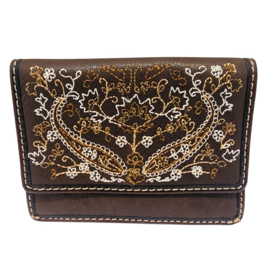 Vintag Fossil Women Brown Leather Wallet Tri-fold Gold White Embroidered Floral